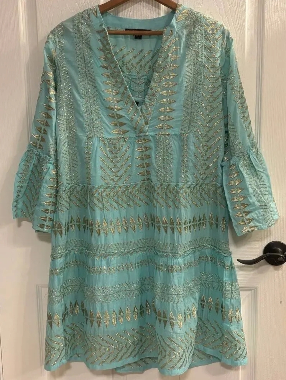 Boston Proper Turquoise Long Sleeve V Neck Minidress W Gold Embroidery-Med - Picture 3 of 16